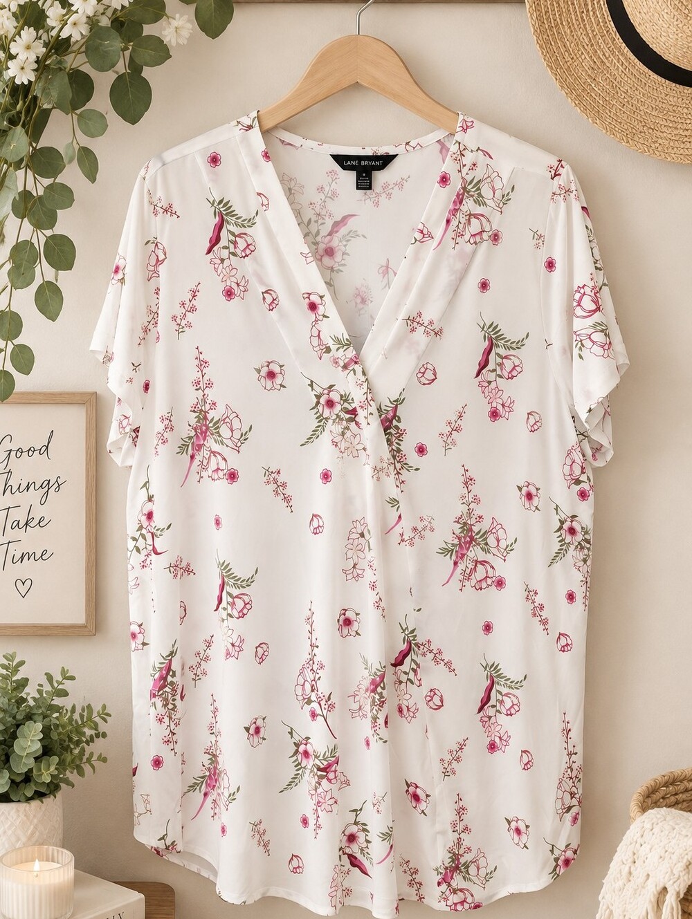 NWT Lane Bryant Floral Top 1X Pink Rose Bird Print Short Sleeve Plus Size
